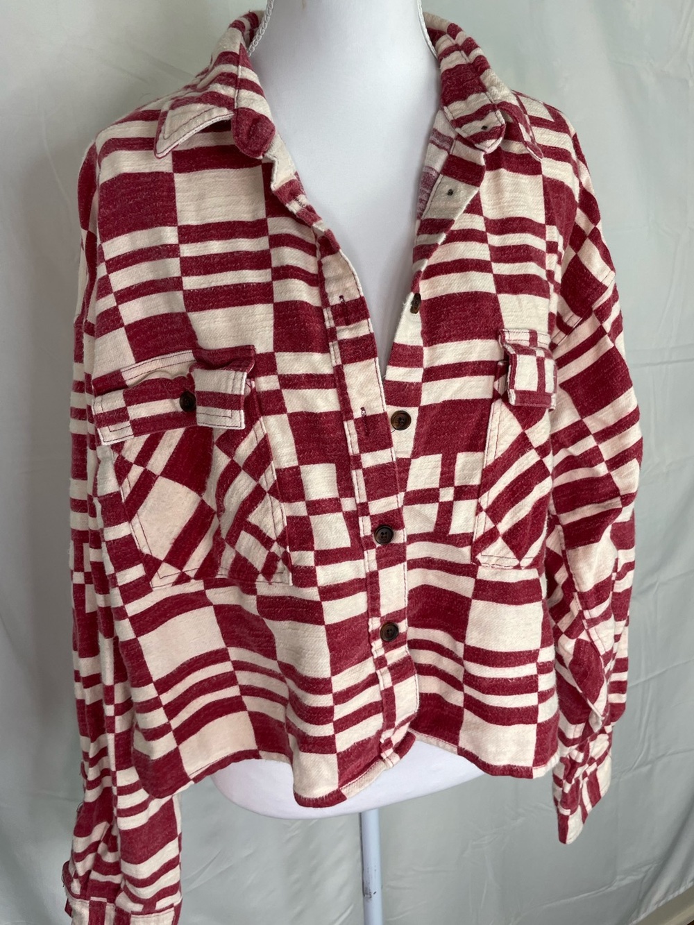 BDG Cream and Crimson Cropped Button-Up Flannel